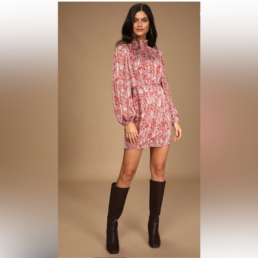 Pink Paisley High-Neck Long-Sleeve Mini Dress